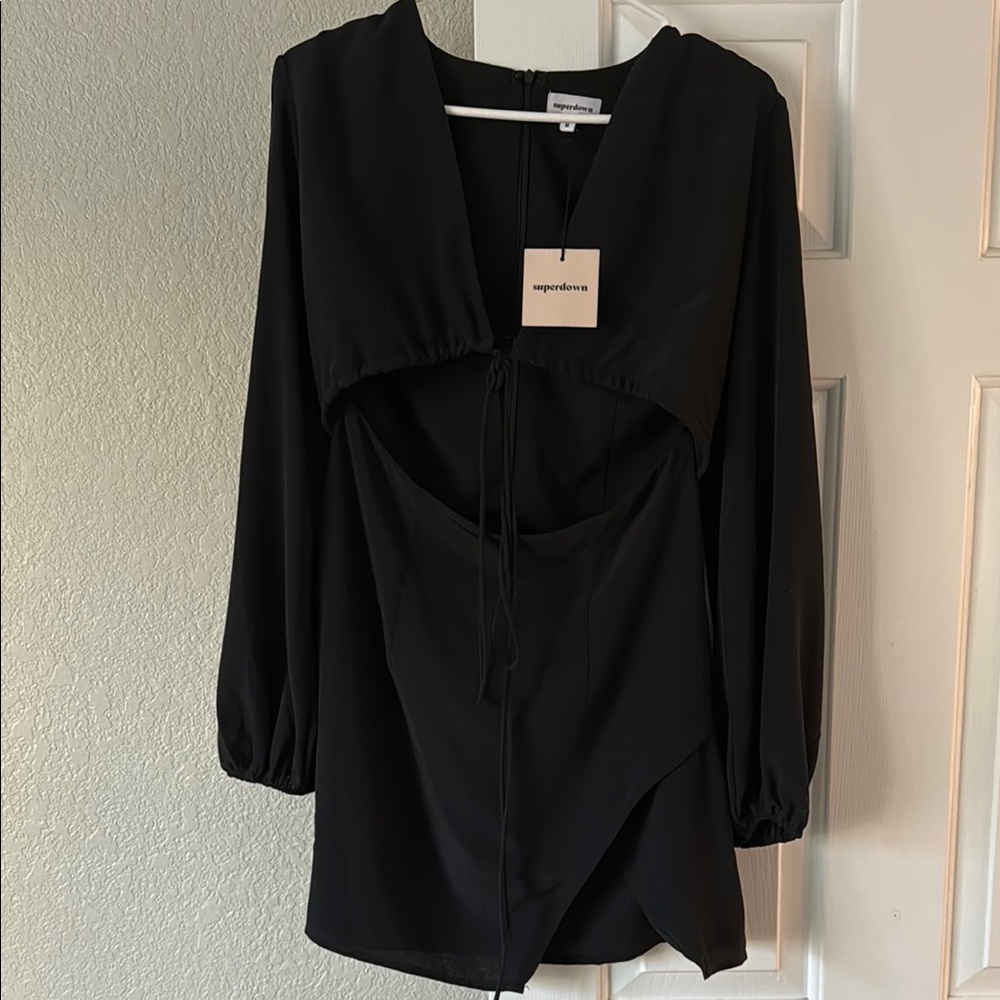 Superdown Black Bustier Dress with Bishop Sleeves